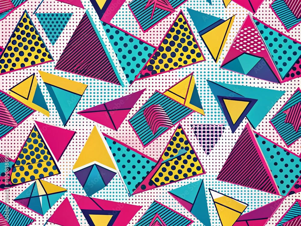 Aufkleber vibrant pop art pattern featuring magenta, blue, and yellow triangles with retro 80s style zigzag li