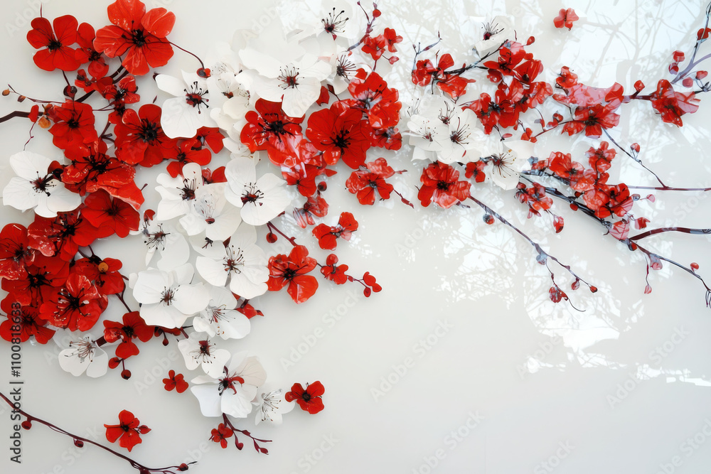 Poster creating a stunning botanical design with red and white elements in modern interiors for a sophistic