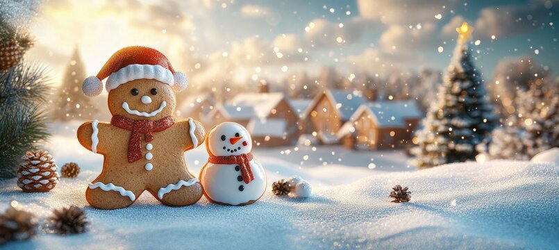 Christmas Cookies and Santa Decorations on Snowy Landscape Background