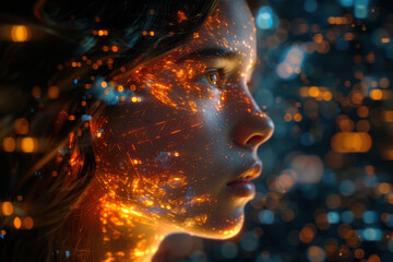 on the background of a matrix grid and puzzles image of a human female head.  