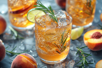 Peach cocktail, fizz, iced tea with fresh rosemary and lime. ..  