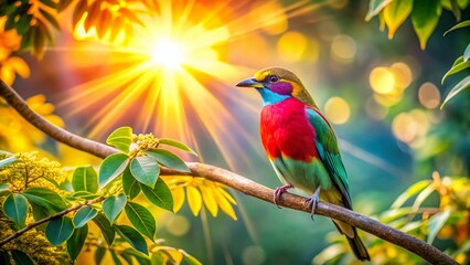 Obraz premium Vibrant Scene of a Colorful Bird Perched on a Branch, Bathed in Sunlight Under a Tree Creating a Serene Nature Atmosphere