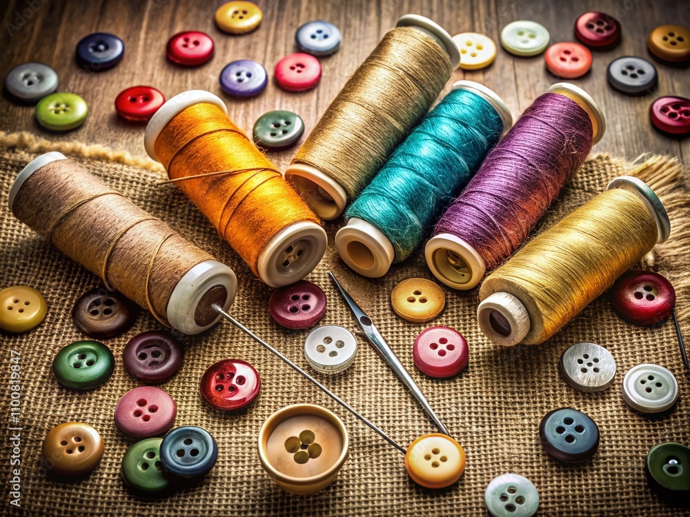Poster vibrant set of multicolored threads on reels with large needle, assorted buttons, and pins for creat