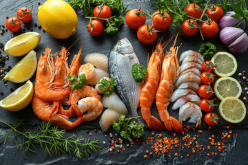 Assortment of fresh fish and seafood..  