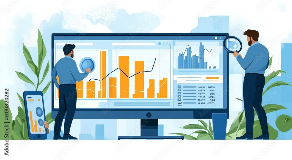 Poster business analytics and monitoring with computer screen dashboard graph concept illustration