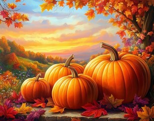 Naklejka premium Autumn Scene with Pumpkins Colorful Leaves Beautiful Sunset