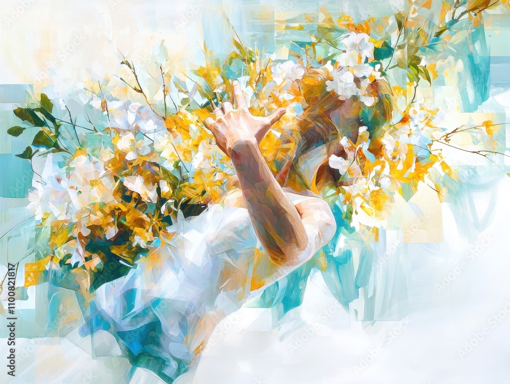 Poster abstract figure study of spring flower arrangement in soft pastels captured in a tranquil setting re