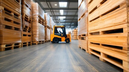 Naklejka premium Efficient logistics in a clean warehouse featuring organized pallets and a forklift for streamlined operations