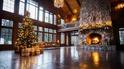 Obraz premium Creating a cozy holiday atmosphere with a classic stone fireplace and twinkling spruce gifts in an elegant room
