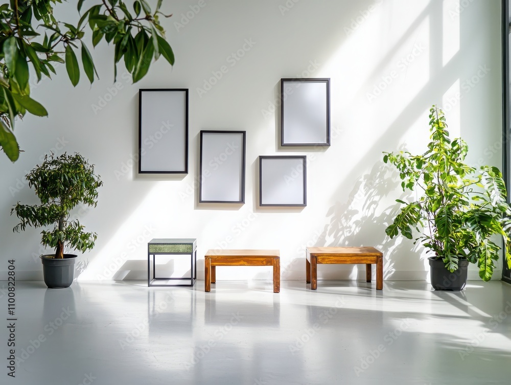 Poster create a clean white memory wall design with multiple empty frames and botanical accents in a light 
