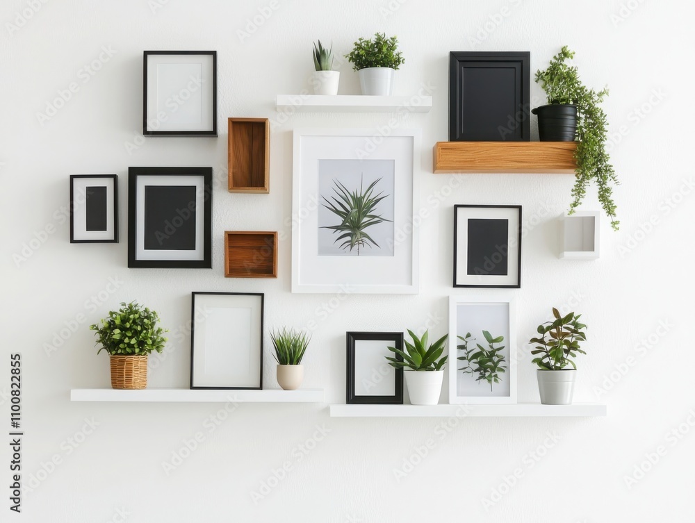 Poster Create a serene clean white memory wall with botanical accents using empty frames in a light and airy home environment