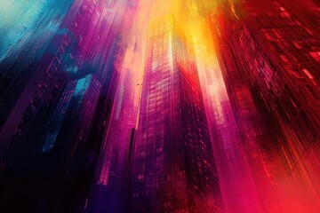 A Low-Angle View of Modern Skyscrapers Against a Vibrant Sunset Sky