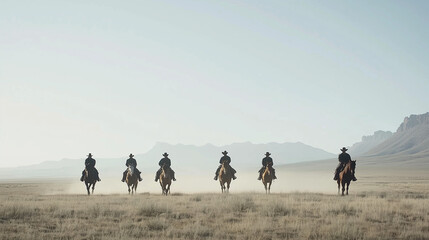Cowboys Riding into the Sunset: A cinematic view of five cowboys riding horses across a vast, open plain, mountains in the distance, evokes a sense of adventure and the untamed west. 