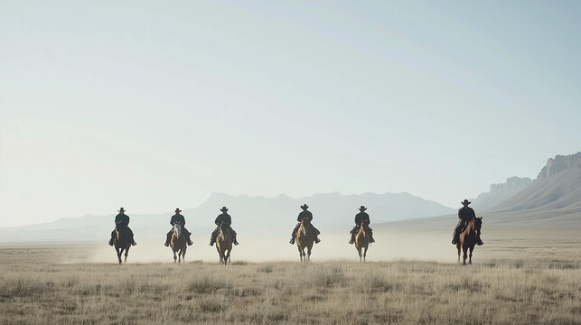 Cowboys Riding into the Sunset: A cinematic view of five cowboys riding horses across a vast, open plain, mountains in the distance, evokes a sense of adventure and the untamed west. 