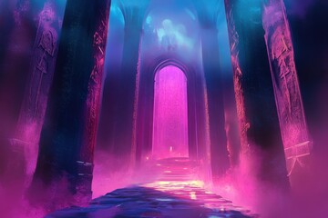 Neon-lit hallway leading to a mysterious doorway with a staircase.