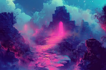 A Stone Gateway Leading to a Pink-Lit Path in a Mystical Night Landscape
