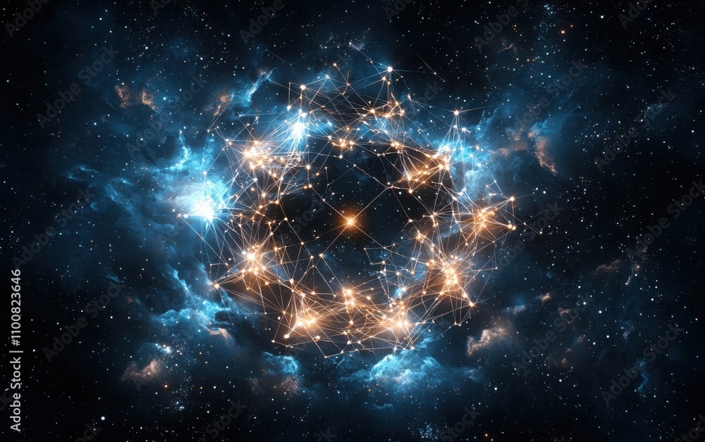Poster exploring cyber network numerals in a glowing node connections matrix deep space environment digital