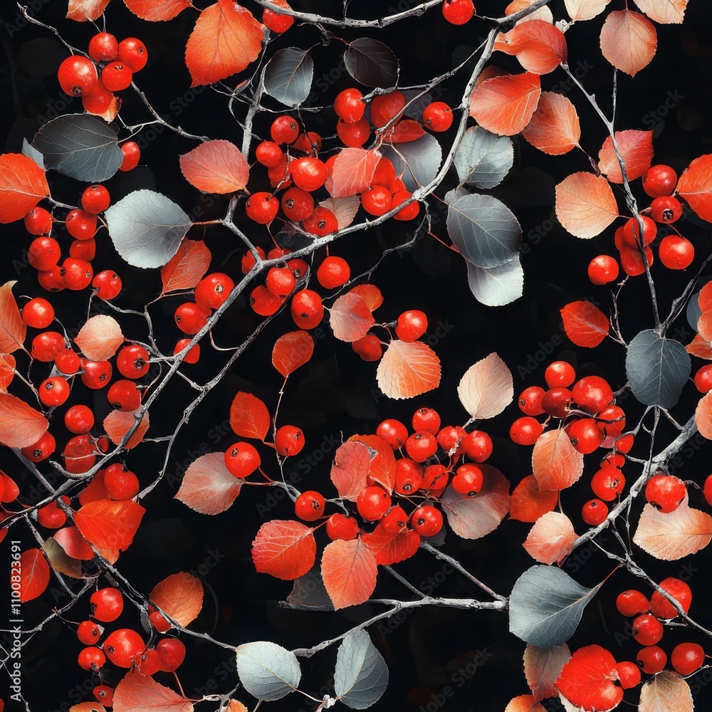 Poster exploring the delicate leaf patterns and red berry clusters in noir style for nature and home decor 