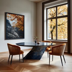 Creating a designer room setup with black picture frame golden velvet seating marble table and modernist cane chair in a contemporary living space