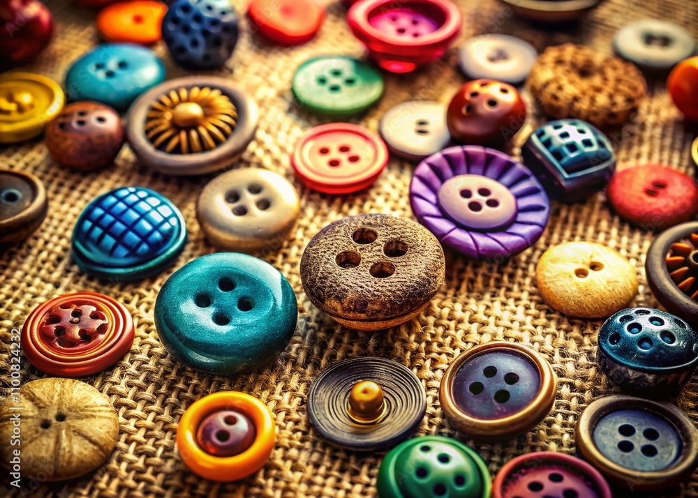 Poster vintage close-up of old-fashioned buttons displayed in a tilt-shift style, showcasing intricate desi