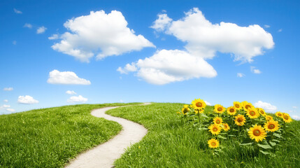 sunny landscape with winding path and vibrant sunflowers