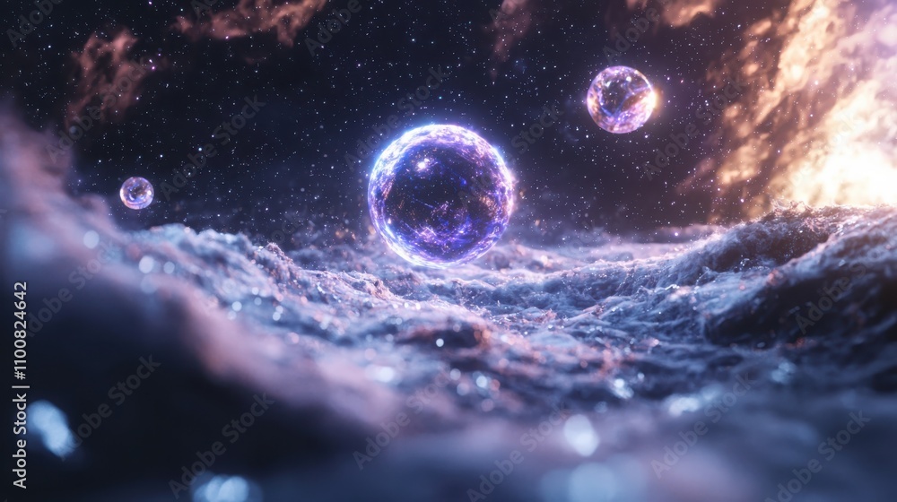 Aufkleber ethereal purple bokeh effect with floating light orbs in a dark background dreamy sparkling particle