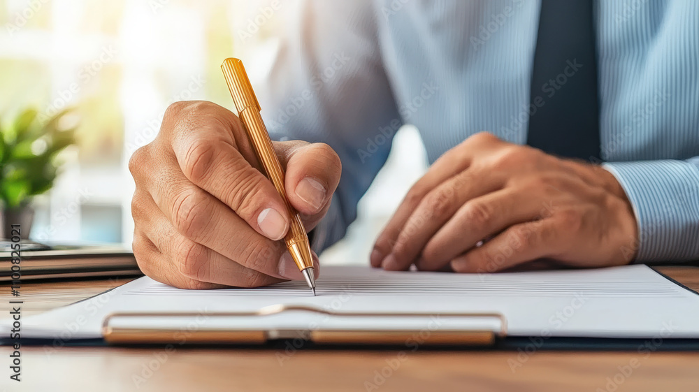 Poster a person in a suit writes on a notepad with a pen, showcasing a focus on work or important tasks in 