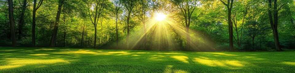 Obraz premium Serene Forest Panorama with Sunbeam and Lush Green Trees