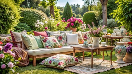 Fototapeta premium Vintage Garden Party with Beautiful Outdoor Cushions on White Background, Perfect for Elegant Celebrations and Decor Inspiration in Natural Settings