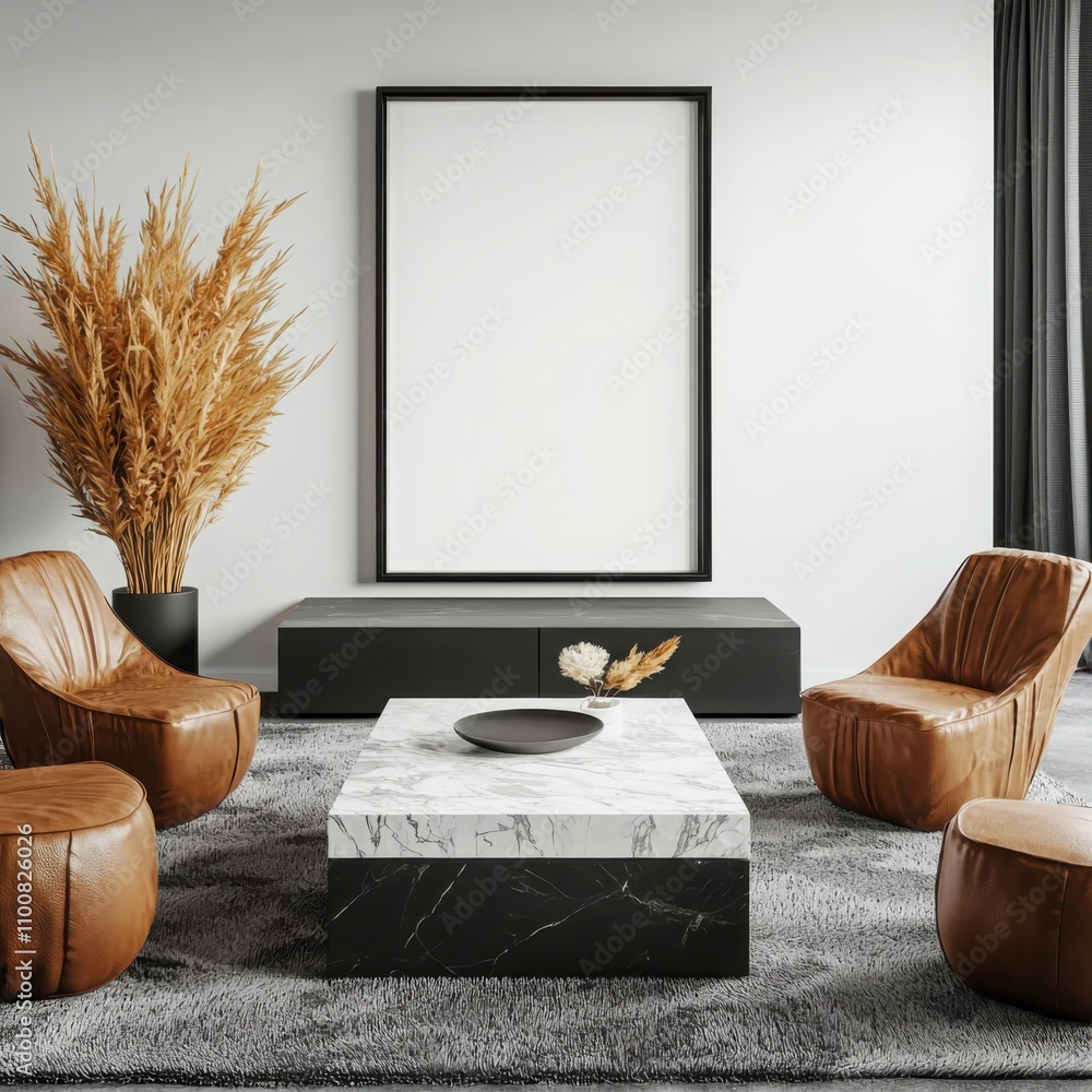 Poster create a professional interior design mockup featuring a floating black frame marble coffee table se