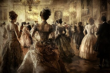 Vintage Halloween Costume Ball in Ornate Victorian Ballroom with Dramatic Lighting
