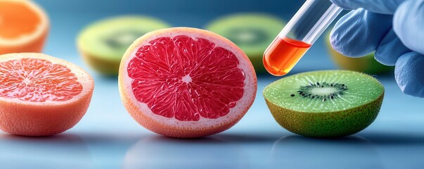 A vibrant display of sliced citrus fruits with a test tube, symbolizing innovative food science and experimental flavors.