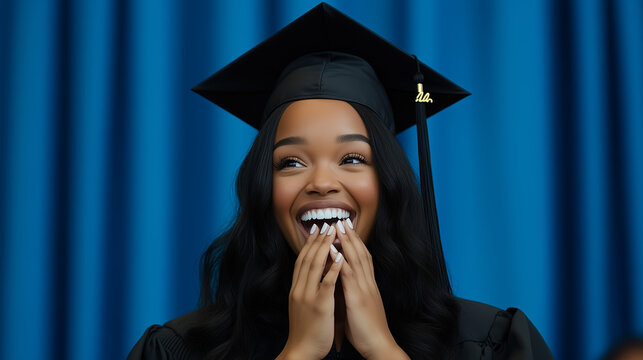 
college yearbook photo, blue curtain background, actress keke palmer as a college student dressed in black cap and black gown, laughing, covering mouth with hands,



