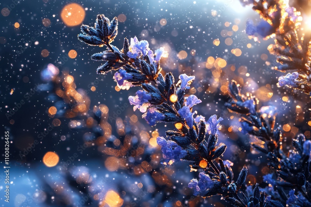 Poster dreamy light spheres floating above lavender bokeh lights on a dark canvas in a soft and ethereal en