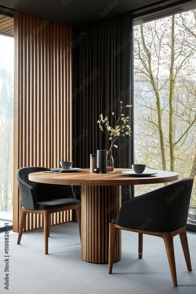 Poster Creating a luxe minimal kitchen with timber slat detailing dark contrast walls and a round table setting in an elegant living space