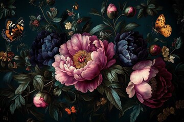 Victorian Botanical Illustration of Peonies and Butterflies with Dark Teal Background