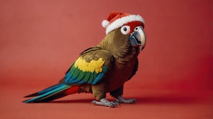 Fototapeta premium bird, parrot, animal, beak, isolated, green, red, nature, tropical, cute, feather, pet, santa, cartoon, christmas, colorful, yellow, white, macaw, blue, wildlife, vector, wild, illustration, exotic