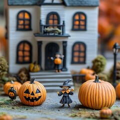 Obraz premium Miniature Halloween Diorama with Trick or Treat Figurines and Pumpkin Patch Scavenger Hunt