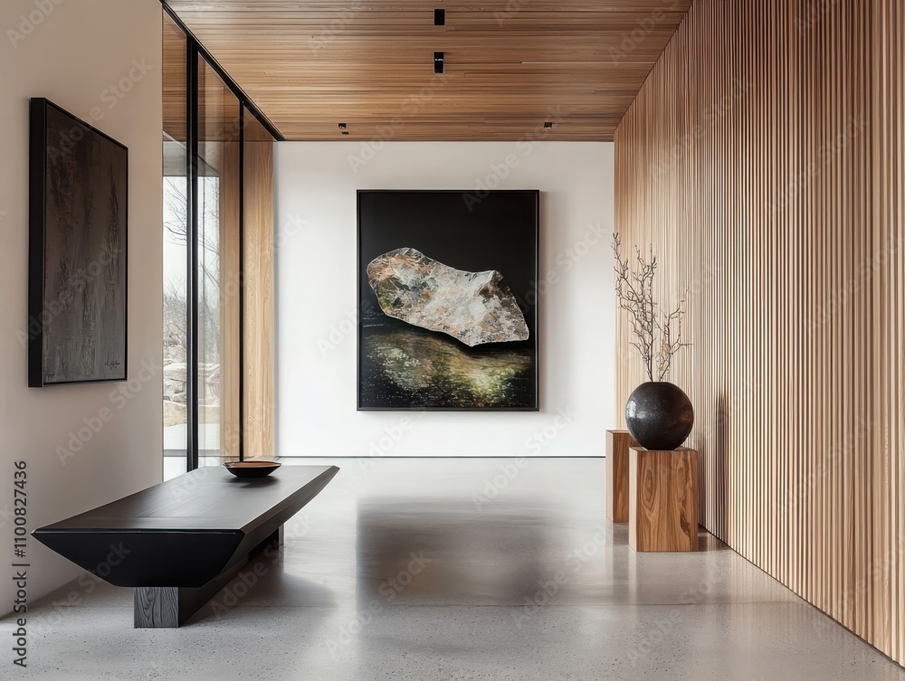 Poster creating a minimalist room setup with black frame template and sculptural side tables featuring wood
