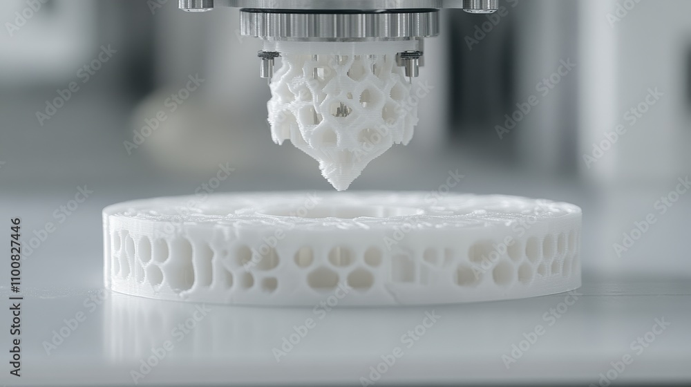 Poster a close-up of a 3d printer's nozzle extruding white material onto a circular base, showcasing intric