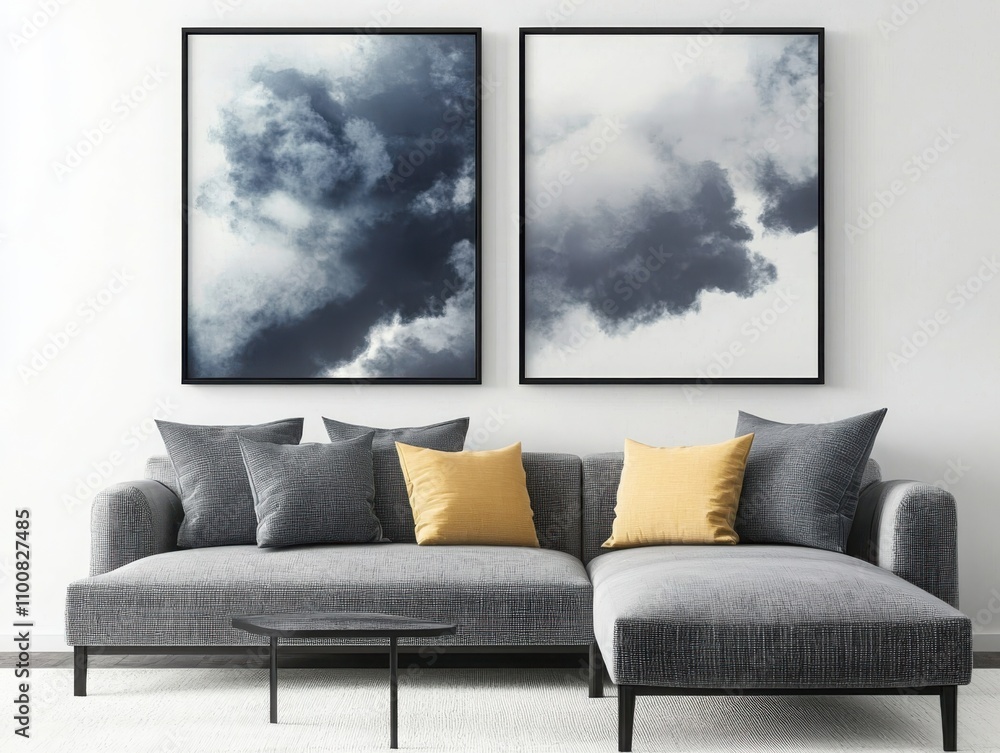 Poster creating a minimalist art wall black frame series with sculptural elements above a cloud couch in a 