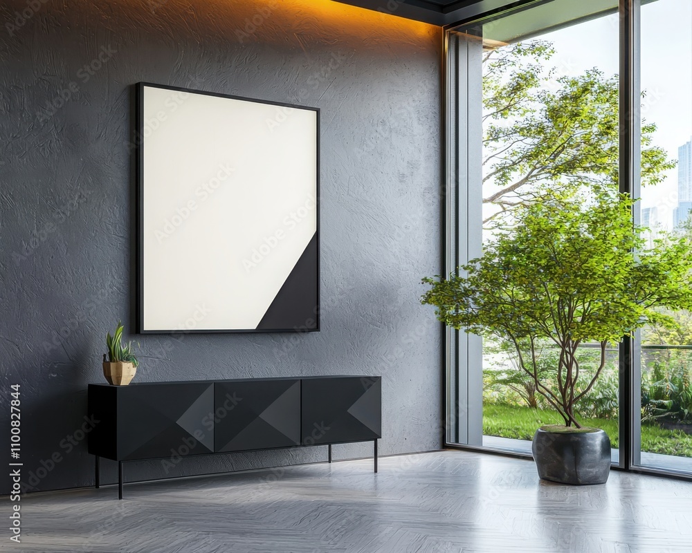 Poster create a minimalist space render wall canvas template featuring geometric black furniture in an invi