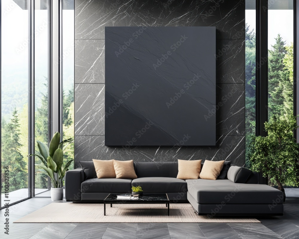 Poster create a minimalist space render canvas template featuring geometric black furniture in a contempora