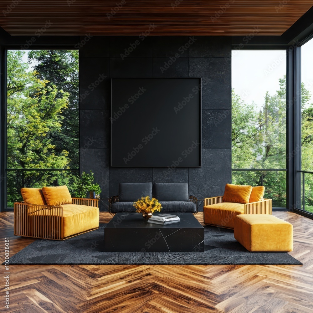 Poster creating an inviting modern art space empty black frame with gold upholstered seating and geometric 