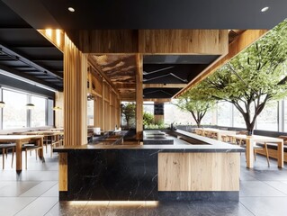 Obraz premium Exploring modern gastronomy in a vertical wood-element kitchen with black stone surfaces and midcentury dining aesthetic