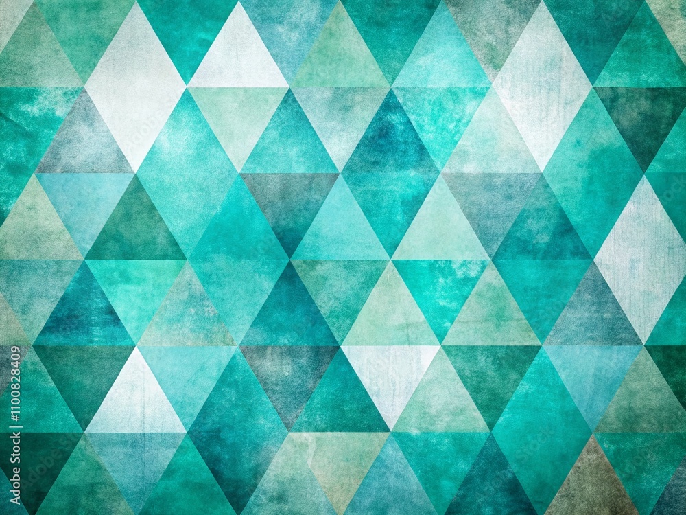 Poster vintage style abstract blue green background with textured triangle shapes in fun geometric pattern,
