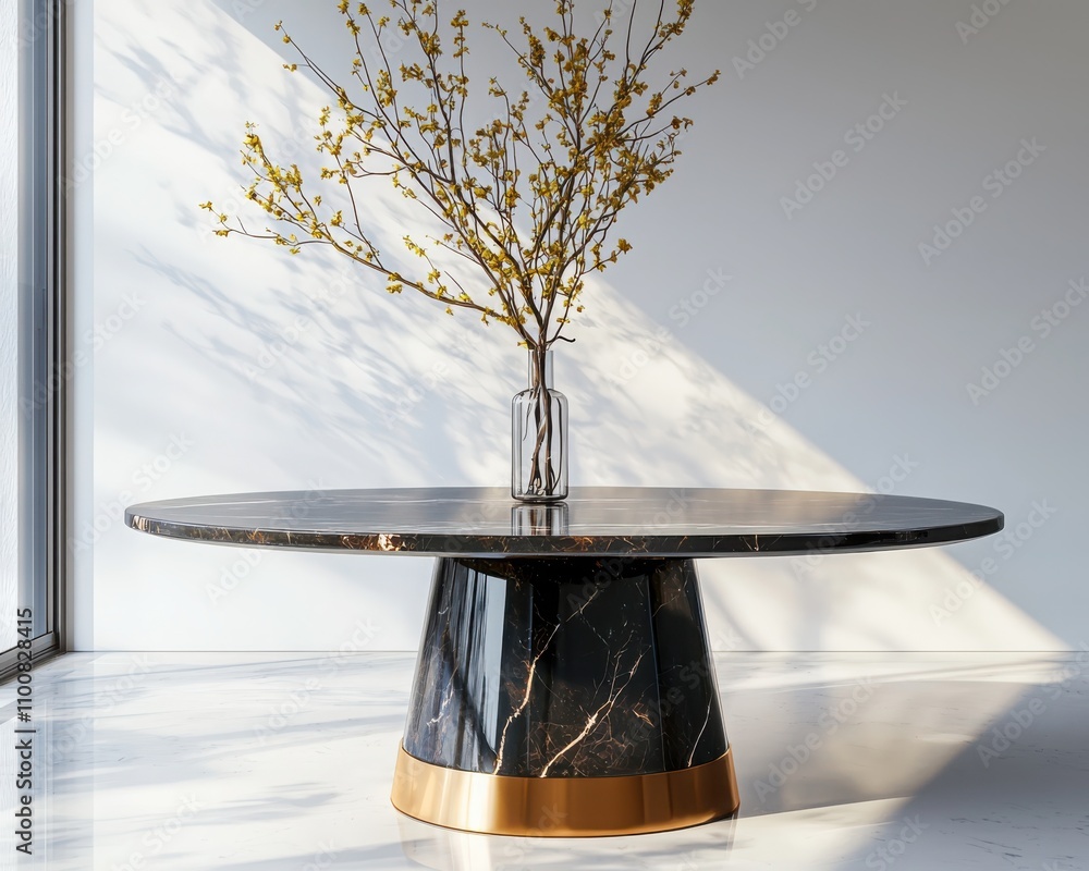Poster showcasing modern interior visualization luxury marble tables in an empty canvas mockup environment 