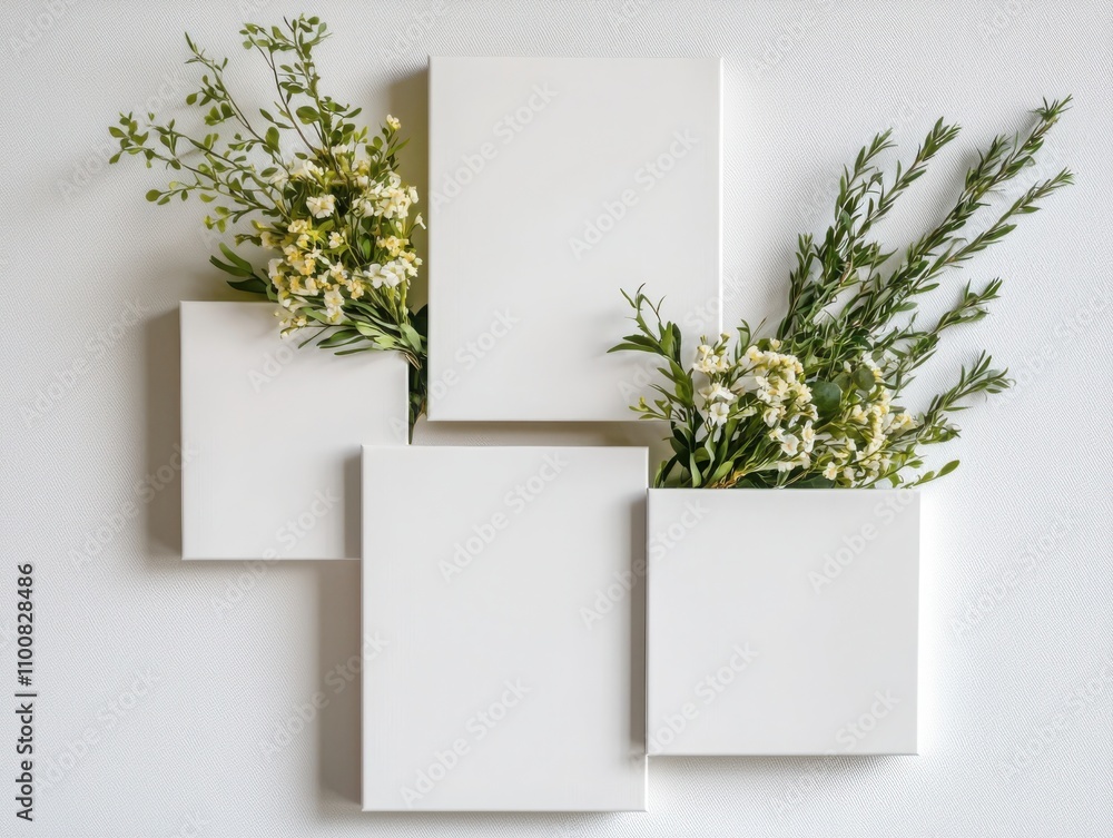 Poster creating a modern memory board decorative white frames with delicate flower arrangements for a brigh