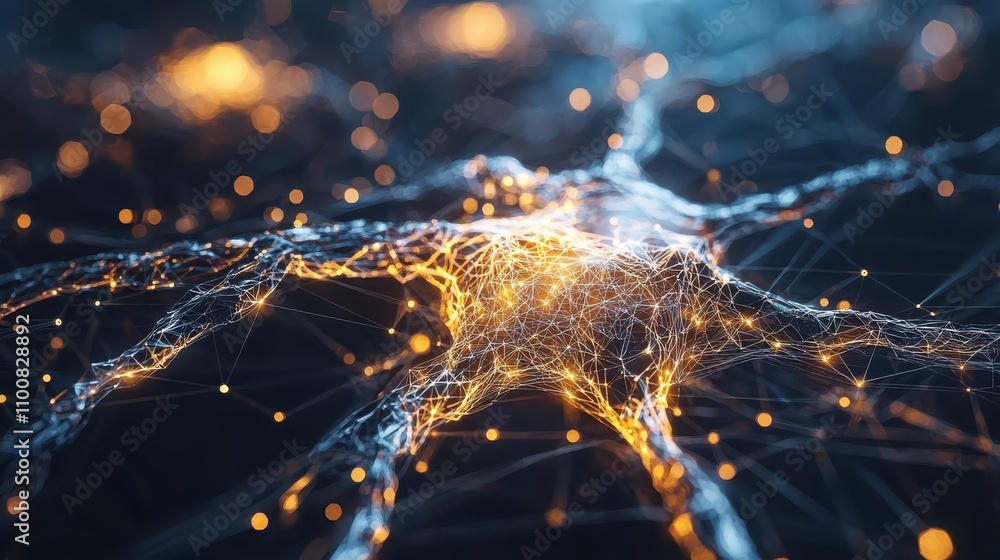 Poster exploring neural grid lettering with connected light points in an electronic blueprint navy digital 