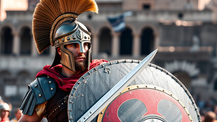 Roman male legionary, legionaries wear helmet with crest, long sword and scutum shield, heavy infantryman, realistic soldier of the army of the Roman Empire, on Rome background. Warrior Gladiator